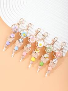 1pc Vintage Floral Daisy Beaded Keychain, Butterfly Decor, Cute Accessory For Daily Outfit - Multicolor - View 4