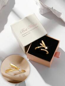 Gift Box Elegant Cubic Zirconia Rabbit Ear Shaped Ring, Jewelry For Women Party, Banquet, Daily Wear, Copper Material, Non-Fading, Hypoallergenic, Suitable For Holiday Gifts - Gold - View 8