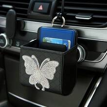 1pc Rhinestone Decor PU Leather Car Air Vent Storage Box, Compact Size Fits Easily On Car Air Vent, Convenient Clip-On Design