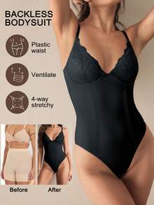 1pc Seamless Lace Deep V-Neck Shaping Bra, Effective Body Shaper Suitable For Weddings And Parties - Black - View 4