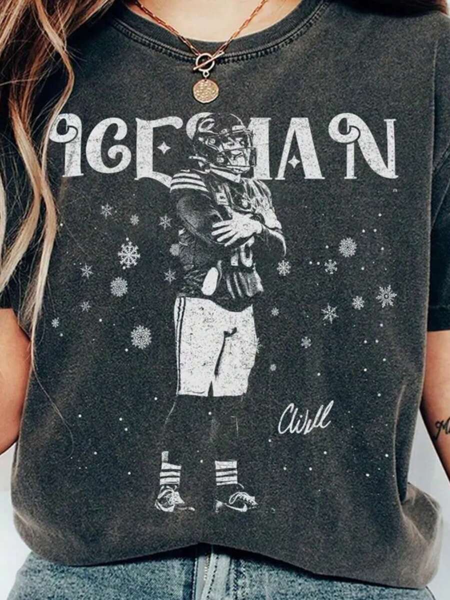 Ice Man Caleb Williams Football Vintage Wash T Shirt, Chicago Football Shirt, Ice Man Shirt, Gift For Fans, Caleb Williams Shirt1 - 黑色 - 查看 1