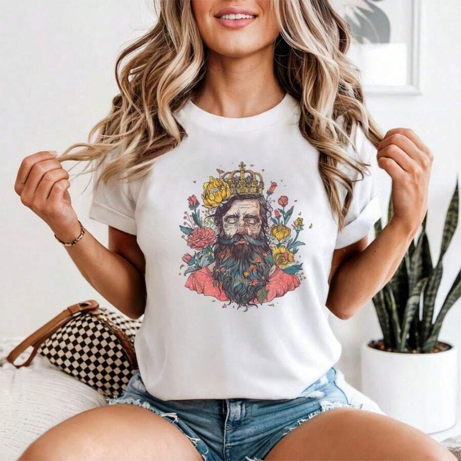 Floral King Fantasy Womens Graphic Tee Artistic Portrait - 白色 - 查看 1