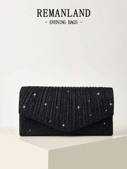 REMANLAND Mini Shiny Chain Folding Pleated Square Clutch Bag, Rhinestone Embellished Evening Bag, Perfect For Women's Ball Gowns, Party Accessories, Sequin Dresses, Shiny Dresses, Elegant Dresses, Elegant Ball Bag, Perfect For Bridesmaids, Suitable For Wedding Receptions, Parties, Weddings, Balls, Galas And Other Occasions.