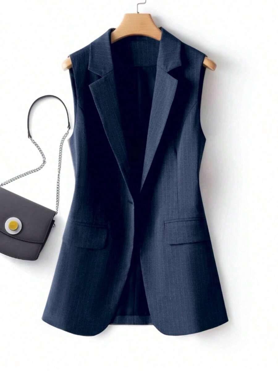 Women's Sleeve Striped Patchwork Single-Button Regular Blazer Vest, Solid Color Pocket Button Office Wear Spring - Navy Blue - View 1