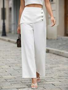 女士奢华白色阔腿裤，优雅高腰长裤，时尚正式派对夜店办公套装 - 白色 - 查看 3