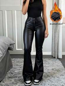 Women's High Waist Glossy PU Leather Wide Leg Pants, Matte Coated, Fashion Versatile, Suitable For Party, Commute, Music Festival, Vacation, Casual Straight Leg Pants, Spring/Summer Clothing, Best Seller, Y2K Style, Suitable For Party, Commute, Holiday, Festival, Outdoor Activities, Spring/Summer Wear, Suitable For Tall Women, Outfitting, Black, Trousers - 酒紅色 - 查看 1