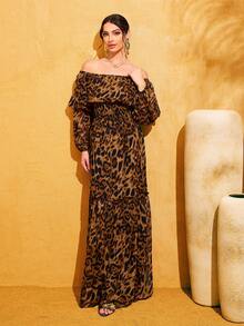 LOVE&LEMONADE Fashionable Women's Leopard Print Open Shoulder Long Sleeve Cinched Waist Detail Long Dress Wedding Party Spring - Brown - View 5