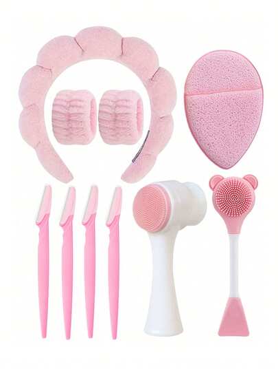 10pcs Facial Care Set: Portable Skincare Tool Kit, Deep Cleansing, SPA Face Mask Brush Set, Portable Skincare Set, Soft Flannel Headband, Silicone Exfoliating Brush, Eyebrow Brush, Hair Band For Women, Beauty, Skincare, SPA, Self-Care, Skincare Tools, Facial Care, Beautician Supplies, Skin, Facial Cleanser, Face, Ideal Gift For Women In Back To School Season, Halloween, Christmas