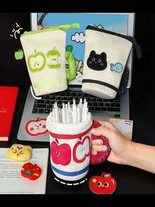 1个苹果造型立式铅笔盒，简约可爱，创意学生文具收纳袋，大容量储物袋 - 彩色 - 查看 7