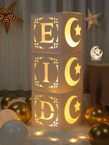 3Pcs Eid Mubarak White Hollow Out Decorative Box (Without Light), Moon Star Lantern Pattern Paper Boxes, Eid Blocks Decorations For Islamic Muslim Party Decorations, Ramadan Decorations For Home, Ramadan Kareem, Ramadan Mubarak Party Decor Party Supplies, Eid Al Adha Gift, Eid Al-Fitr Decor - White - View 2