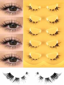 5 pares de mini pestañas postizas súper cortas y mitad falsas, con tallo transparente, estilo ojo de gato, suaves y similares a las de visón 3D. Crea un look de maquillaje natural. 5 pares/caja. Adecuado para ojos pequeños, reutilizable, ideal para uso diario y citas - Negro - Ver 7