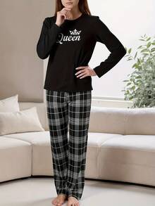 [MEN/WOMEN]Couple Style King And Queen Letter Print Autumn Winter Women's Long Sleeve Men's Long Sleeve Homewear Set Men's Set Or Women's Set (One Piece) - Cô - Xem 6