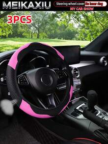 MEIKAXIU 3pcs/Set Mesh & PU Leather Patchwork Steering Wheel Cover, Handbrake Cover, Gear Shift Knob Cover Fit For 14.5-15 Inch Cars Decoration Accessories - Mesh Leather Sport - View 8