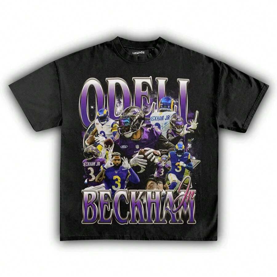 Camiseta gráfica de gran tamaño para hombres, jugador de fútbol Odell Beckham Jr, camiseta casual de algodón impresa, ajuste holgado, moda cómoda - Negro - Ver 1