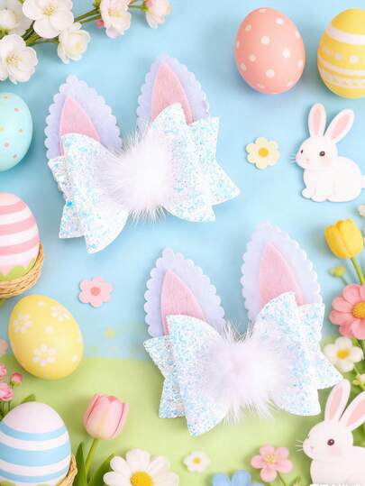 2pcs Easter Hair Clips, Shiny Easter Bunny Ear Hair Clips Decoration, Fashionable Alligator Hair Clips, Suitable For Girls Easter Party Gifts