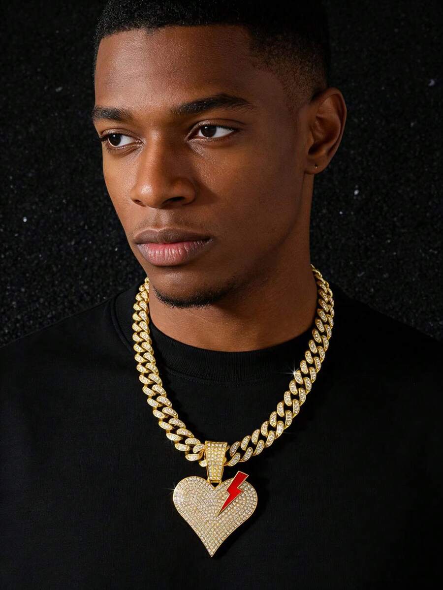 1pc Men's Fully Iced Out Hip Hop Cuban Link Chain With Broken Heart Pendant Necklace - Style a - View 1