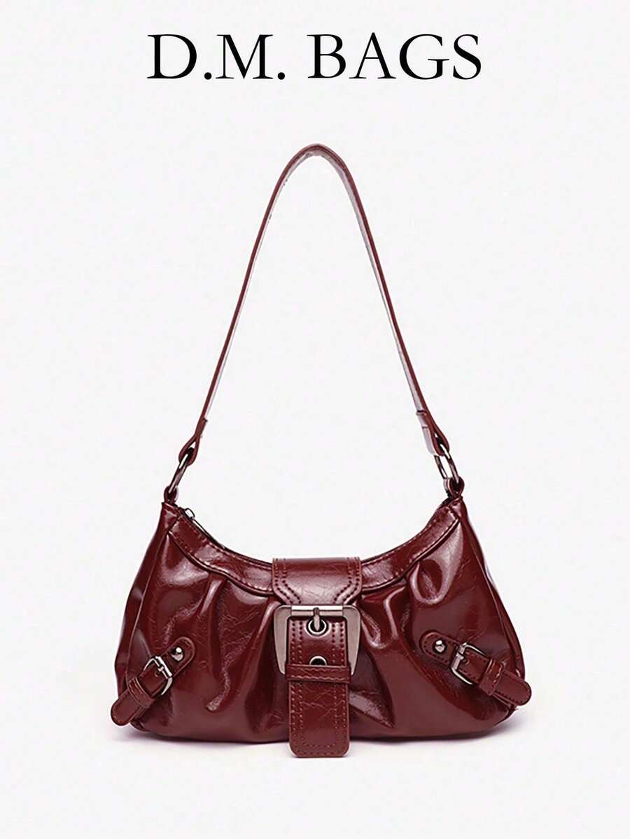 Y2K Vintage Soft Distressed Leather Motorcycle Bag With Rivet, Buckle, Pleated Cloud Decor, Shoulder/Underarm Bag, Suitable For Work, Commute, Date, Party, Valentine's Day, Valentines, Valentines Day, Bag Charm, Purse Charm, Bag Charms, Beach Accesories For Women, Beach, Beach Bag, Vacation Essentials, Airplane Travel Essentials, Cruise Essentials, Valentines Gift, Valentine's Day Gift [US-Based Shipping]. - 紅色 - 查看 1