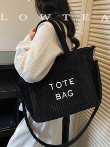 low tea Túi xách thời trang màu trơn bằng vải nhung kẻ, khóa kéo, thêu chữ, phù hợp cho nữ sử dụng hàng ngày - Túi xách nữ, túi denim, túi đeo vai, túi đeo chéo hoặc túi tote, phù hợp cho trường học, văn phòng, du lịch. - màu đen - Xem 5