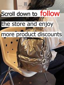 Sac à dos étudiant couleur or, nouveau style classique mode collège, design à motif losange couleur unie, extérieur décoré avec pendentif en forme de C en cristal, grande capacité multi-poches. Convient pour les voyages et les vacances, idéal pour une utilisation sur le campus pendant les périodes scolaires, également adapté pour les courts trajets. - Doré - Voir 2