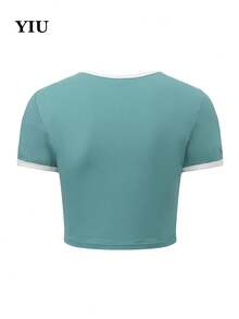 Cropped de Tricô Verde Feminino com Estampa Brooklyn 80, Camiseta de Manga Curta com Gola Redonda e Recorte Contrastante Branco, Casual para o Verão - Verde - Visão 8