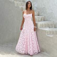 优雅女士露背长款A字针织连衣裙，饰有细肩带和喇叭裙摆，无袖船领设计，适合派对、春季、婚礼等场合，粉色系。 - 粉色 - 查看 1