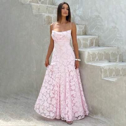 Elegant Women's Backless Long A-Line Knit Dress, Decorated With Spaghetti Straps And Flared Hem, Sleeveless Boat Neck Design Party Spring