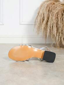 Women's Round Toe Criss-Cross Strap Low Heel Sandals, Metal Material Backstrap With Metal Buckle, Versatile For Commuting And Dating, Comfortable Non-Slip Chunky Heel Slides - Silver - View 7