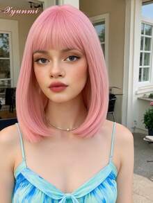 XYUNMI Women's French Bob Wig In Soft Pink Straight Hair 12-Inch Textured Heat-Resistant Synthetic Fiber Natural Matte Finish No Lace Cap Elegant Style Suitable For Daily Wear, Parties, And Role-Playing Occasions - Pink - View 3