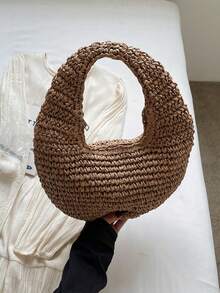 1pc New Vacation Bag, Holiday Straw Bag, Solid Color Crescent Moon Shaped Shoulder Bag, Summer Beach Bag, Woven Underarm Bag, Crescent Bag, Handbag, Valentine's Day Gift, Beach Bag, Women Bag - Khaki - View 9