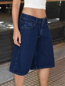 复古水洗高腰百慕大牛仔短裤 - 金色刺绣口袋休闲牛仔短裤，适合Y2K街头服饰 - 中等水洗藍 - 查看 6