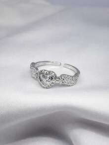 Adjustable Women's Ring, Gold Or Silver, Heart-Shaped, With A Delicate, Romantic, Modern, And Brilliantly Crafted Stone And Cubic Zirconia Pavé Setting. - 銀色 - 查看 4