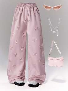 时尚甜美休闲简约3D立体蝴蝶结装饰阔腿裤，粉色，适合春秋季户外、派对、校园及日常穿着。 - 粉色 - 查看 1