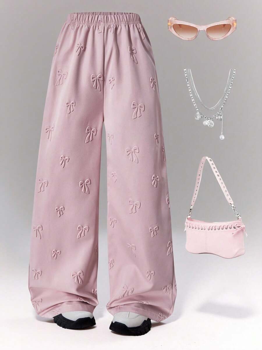 时尚甜美休闲简约3D立体蝴蝶结装饰阔腿裤，粉色，适合春秋季户外、派对、校园及日常穿着。 - 粉色 - 查看 1