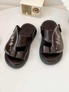 波西米亚风刺绣真皮拖鞋 | 心形箭头图案厚底人字拖 - 棕色 - 查看 2