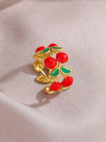 18K Gold Plated Adjustable Stainless Steel Ring, Decorated With Red Cherry Pattern, Suitable For Women's Daily Wear, Non-Fading, Colorful Beach Resort Style Accessory For Spring, Gift For Valentine's Day And Mother's Day - Yellow Gold - View 3