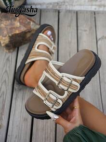 Dép xăng đan đế xuồng hở mũi họa tiết sọc thời trang mới, thoải mái, chống trơn trượt, đa năng và dễ vệ sinh, thích hợp cho mang hàng ngày. - màu nâu - Xem 7