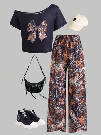 2pcs Girls Casual Outgoing Fashion Bow Print Pattern One Shoulder Cinched Waist Short Sleeve Top And Elastic Waistband Random Print Decor Pocket Design Loose Pants Set, Spring/Summer