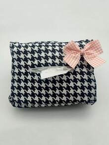 1pc Car Tissue Box With Pink/Red Bow Tie, Plaid Sunshade Tissue Holder, Multi-Functional Car Napkin Box Accessories - A - View 3