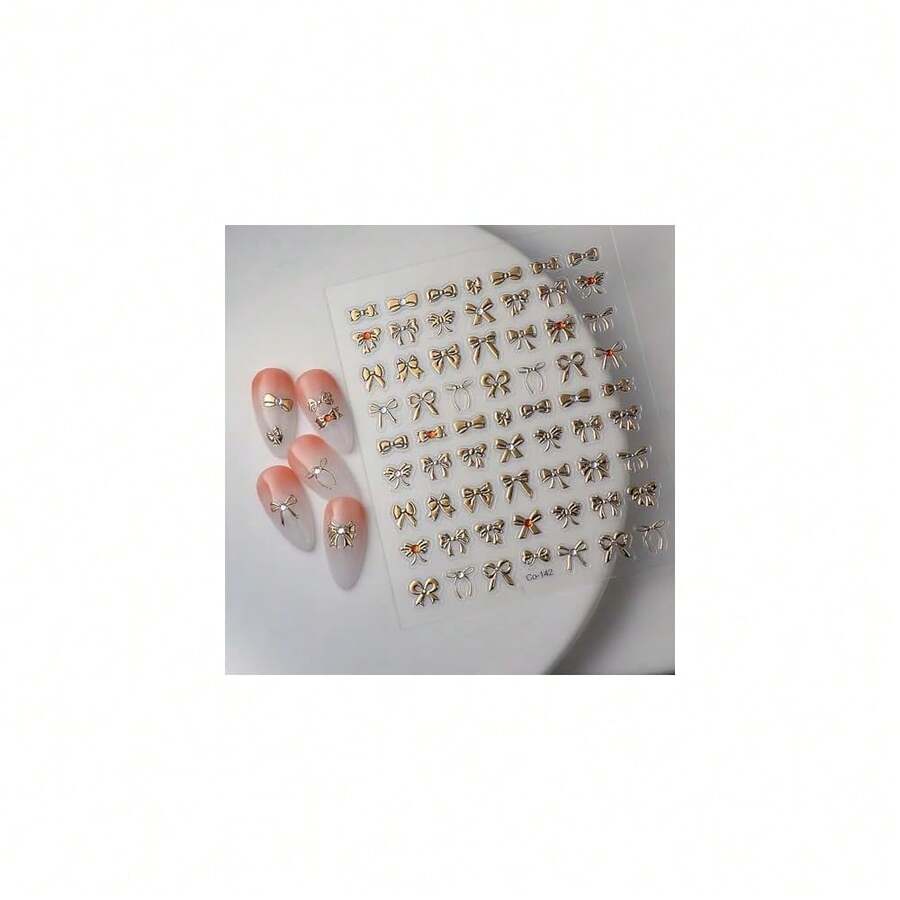 Gold 5D Embossed Nail Art Stickers Decals Bow Nail Stickers For Artificial Nail Art Golden Bowknot Design Se--Adhesive Different Gold Bow Manicure Decorations For Women Nails Supplies - 風格5 - 查看 1