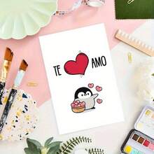 1PC Valentine's Day Spanish Love Card With Red Envelope - Cute Penguin And Heart Design, TE AMO Greeting, Anniversary And Valentine's Day, Themed Card Husband/Wife/Boyfriend/Girlfriend, Fun Heart Pattern, Bright Printing Quality - 彩色 - 查看 2