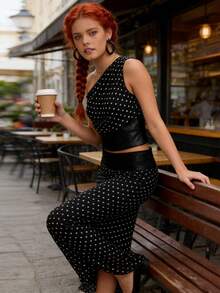 Women's Two-Piece Dress Set, Featuring A One-Shoulder Polka Dot Print Tank Top And A Fitted Long Skirt, Perfect For Elegant Party And Event Wear. - 黑色 - 查看 5
