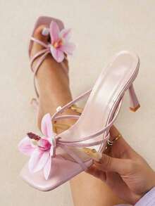 女士尖头花卉装饰细高跟凉鞋，优雅别致，适合通勤、约会、派对、婚礼和日常穿着，百搭连衣裙 - 粉色 - 查看 2