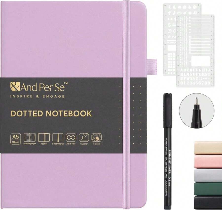 &Amp;And Per Se Bullet Dotted Journal Kit, A5 Hardcover Dotted Journaling Supplies, 6 Fineliner Pens, 8 Sticker &Amp; 5 Stencil Sheets, 6 Washi Tapes With Giftable Box (Pink) - Màu sắc - Xem 1