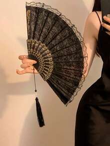 1pc Gothic Lace Umbrella, Romantic Princess Umbrella For Bride, Suitable For Wedding, Holiday Party, Dance Props - Elegant Black Wedding & Halloween Costume Accessory With Intricate Floral Pattern, Photo Shoot, Wedding Accessory - Black - View 13