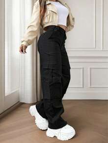 黑色多口袋纽扣休闲Y2K风轻便工作裤，兼具优雅与可爱。适合返校、毕业典礼、俱乐部、生日派对、万圣节、新年、感恩节、音乐会、健身房、海滩、度假、商务出行、日常机场穿搭、街头风、教师节、春、夏、秋、冬等各种场合。 - 黑色 - 查看 3