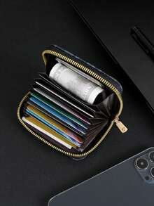 HOVI'S Men Card Holder Black Gray Geometric Pattern Fabric Full Zipper Closure - Multi Card Slots Compact Portable New Year Gift Valentine's Day Gift Valentine'S Day - Black - View 7