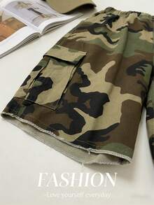 Plus Size European & American Style Camouflage Elastic Waist Loose Casual Comfortable Multi-Pocket Shorts - xanh quân đội - Xem 7