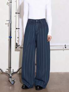 1Pc New Of Japanese Korean Style With Wavy Stripe Jacquard Fabric Baggy Wide-Leg Jeans ; American Retro Style Wide-Leg Pants In Wavy Stripe Jacquard Fabric. - Blue - View 1
