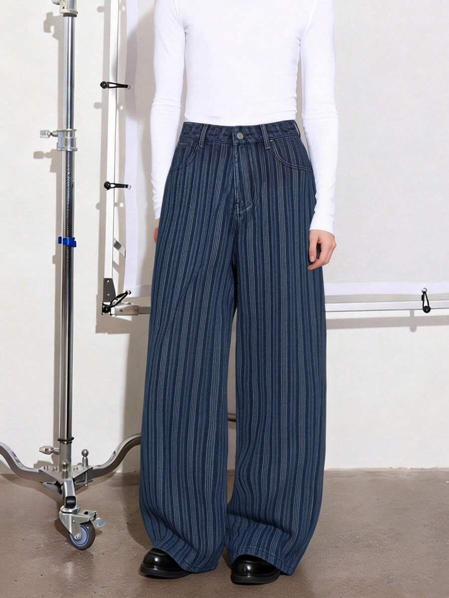 1Pc New Of Japanese Korean Style With Wavy Stripe Jacquard Fabric Baggy Wide-Leg Jeans ; American Retro Style Wide-Leg Pants In Wavy Stripe Jacquard Fabric. - Blue - View 1