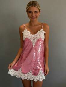 Women Y2k Sequin Mini Dress Sparkly Sleeveless Lace Trim V Neck Slip Short Dresses Glitter Going Out Clubwear - Hồng - Xem 2